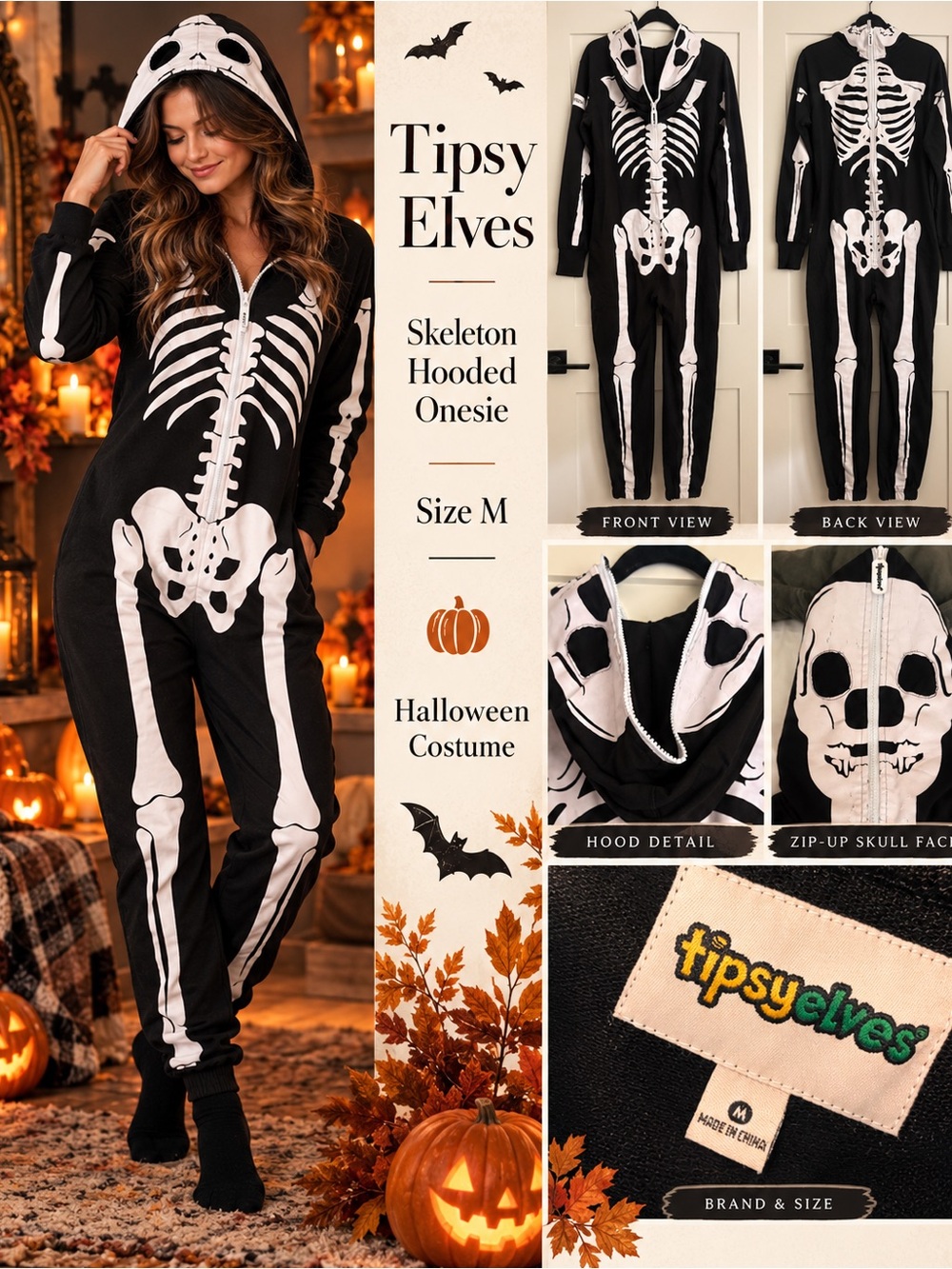 Tipsy Elves Skeleton Hooded Onesie Halloween Costume M $80 Retail